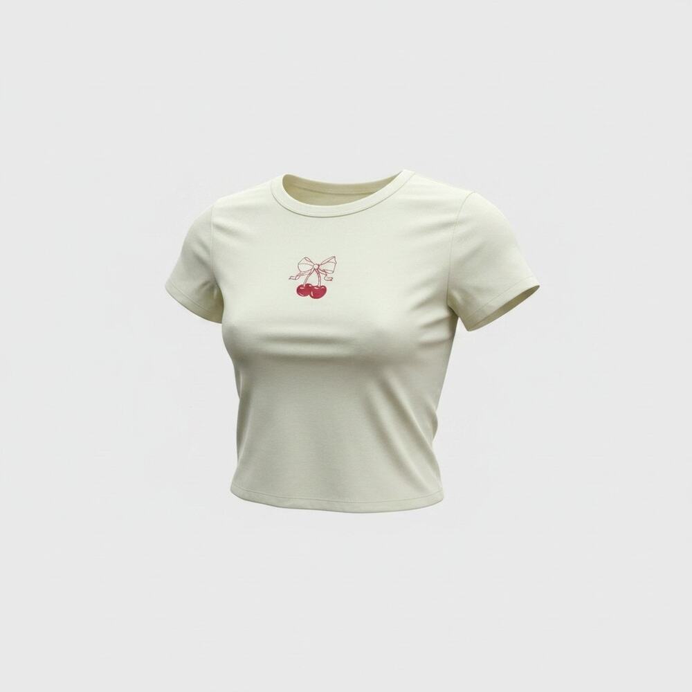Pacsun Crop Tee T-Shirt Medium Cream Red Cherry Bow Cropped Y2K Style